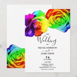 Colourful Rainbow Roses Bold Floral White Wedding Invitation