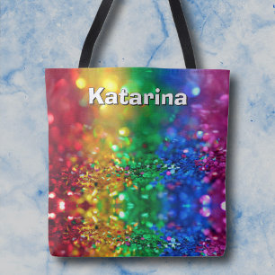 Colourful Rainbow Sequin Print Personalised Name Tote Bag