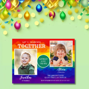 Colourful Rainbow Sibling Photo Joint Birthday  Invitation