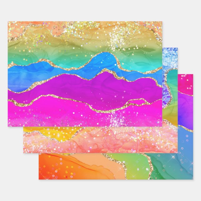 Colourful Rainbow Sparkling Glitter Marble Agate  Wrapping Paper Sheet (Set)