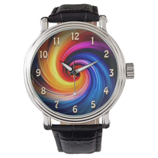 Colourful Rainbow Spiral Swirling Colours Design Watch (Front)