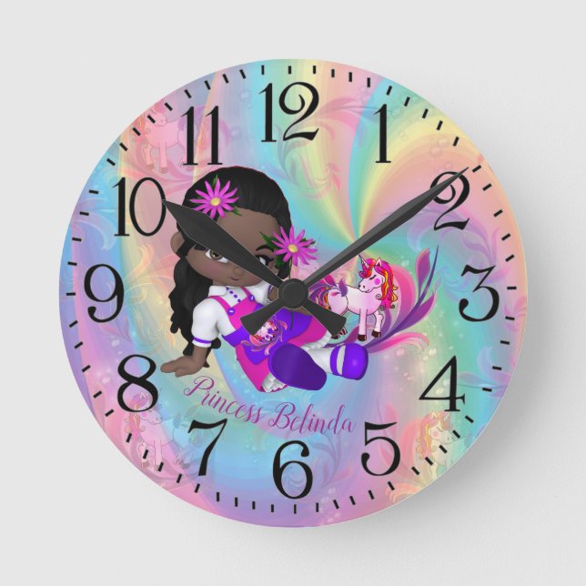 Colourful Rainbow Spirals Cutie Pie's Unicorns Round Clock (Front)