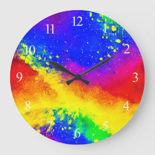 Colourful Rainbow Splattered Paint Pattern  Large Clock