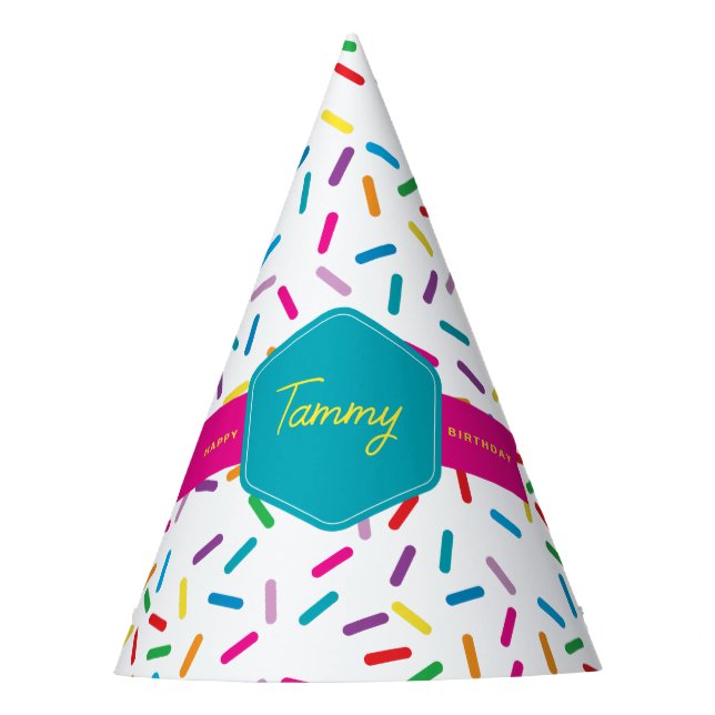 Colourful Rainbow Sprinkles Birthday Party Party Hat (Front)