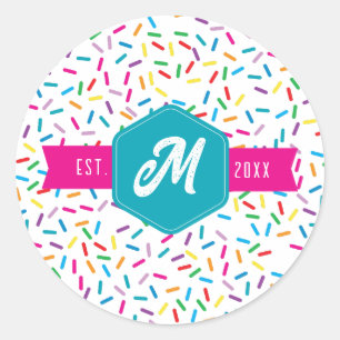 Colourful Rainbow Sprinkles Retro Monogram Classic Round Sticker
