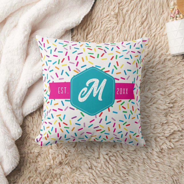 Colourful Rainbow Sprinkles Retro Monogram Cushion (Blanket)