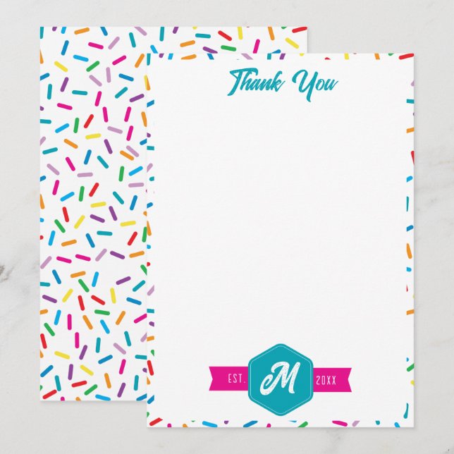 Colourful Rainbow Sprinkles Retro Monogram Thank You Card (Front/Back)