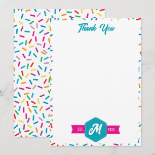 Colourful Rainbow Sprinkles Retro Monogram Thank You Card