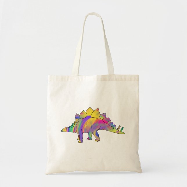 Colourful Rainbow Stegosaurus Funky Dinosaur Art Tote Bag (Front)