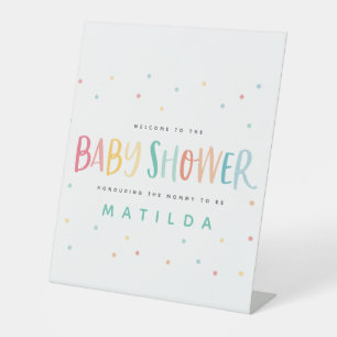 Colourful rainbow stripe and dot baby shower  pedestal sign