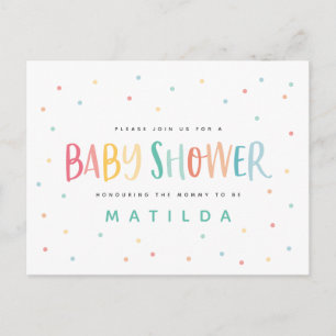 Colourful rainbow stripe and dot baby shower postcard