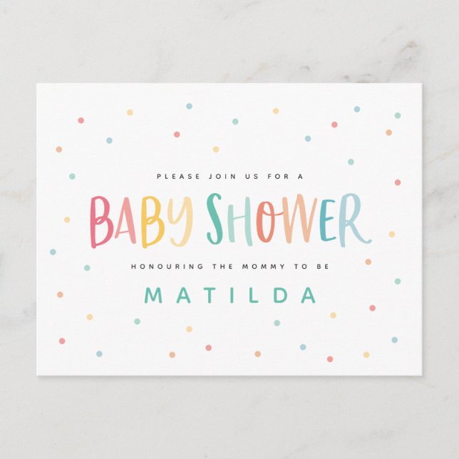 Colourful rainbow stripe and dot baby shower postcard (Front)