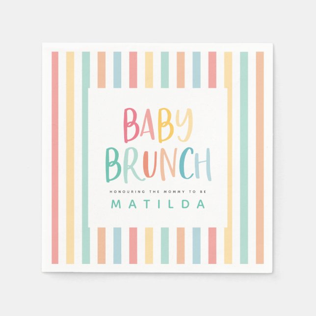 Colourful rainbow stripe baby brunch invitation napkin (Front)
