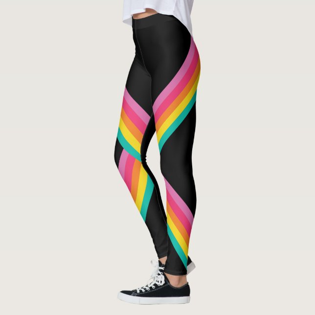 Colourful Rainbow Stripe Ribbon Design Black Leggings (Left)