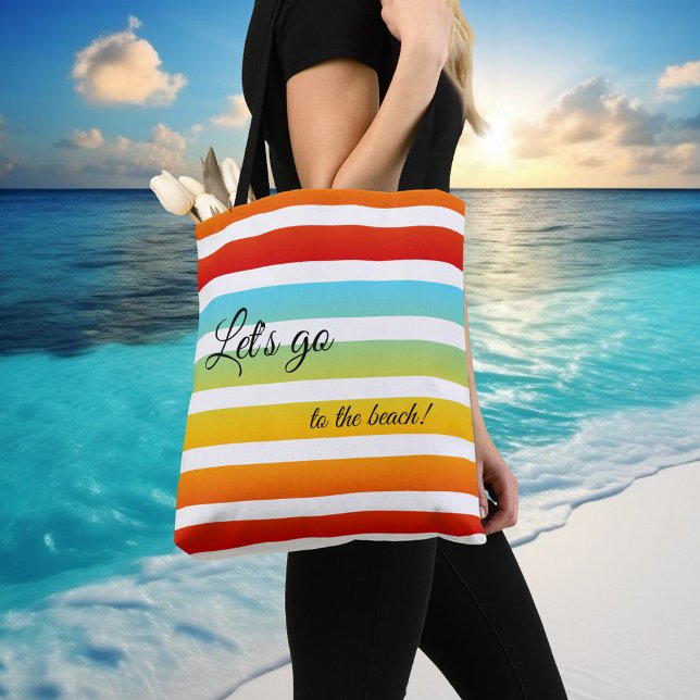 Colourful Rainbow Striped Pattern Bag (Colorful turquoise rainbow striped summer beach tote bag with custom background color)