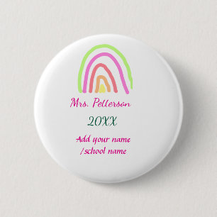 Colourful rainbow stripes add teacher name year 6 cm round badge