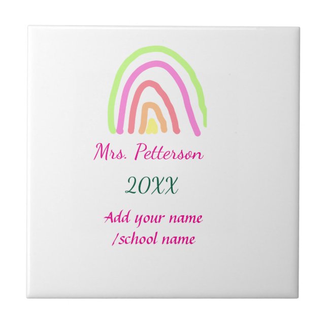 Colourful rainbow stripes add teacher name year tile (Front)