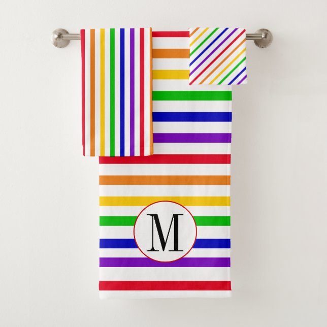 Colourful rainbow stripes and monogram bath towel set (Insitu)
