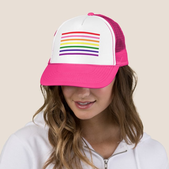 Colourful Rainbow Stripes Gay Pride Trucker Hat (In Situ)