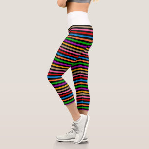 Colourful Rainbow Stripes Lines Design - Black Capri Leggings