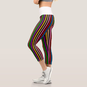 Colourful Rainbow Stripes Lines Design - Black Capri Leggings