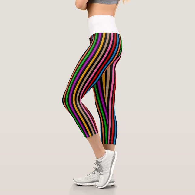 Colourful Rainbow Stripes Lines Design - Black  Capri Leggings (Left)