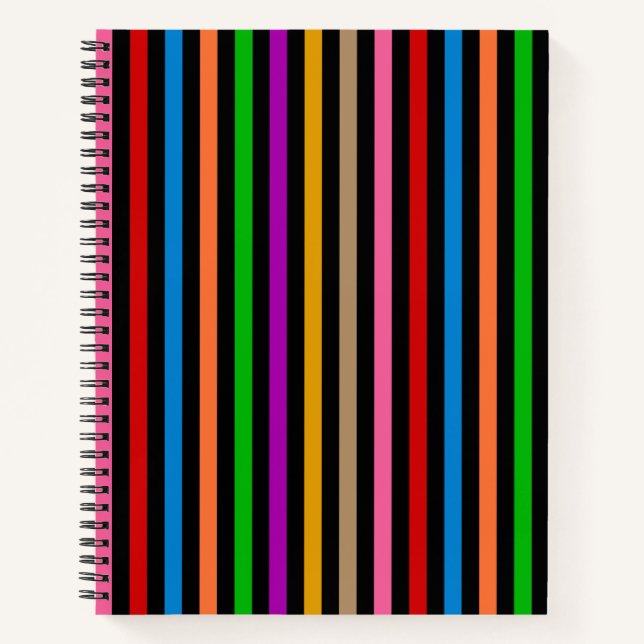 Colourful Rainbow Stripes Lines Design - Black  Notebook (Front)