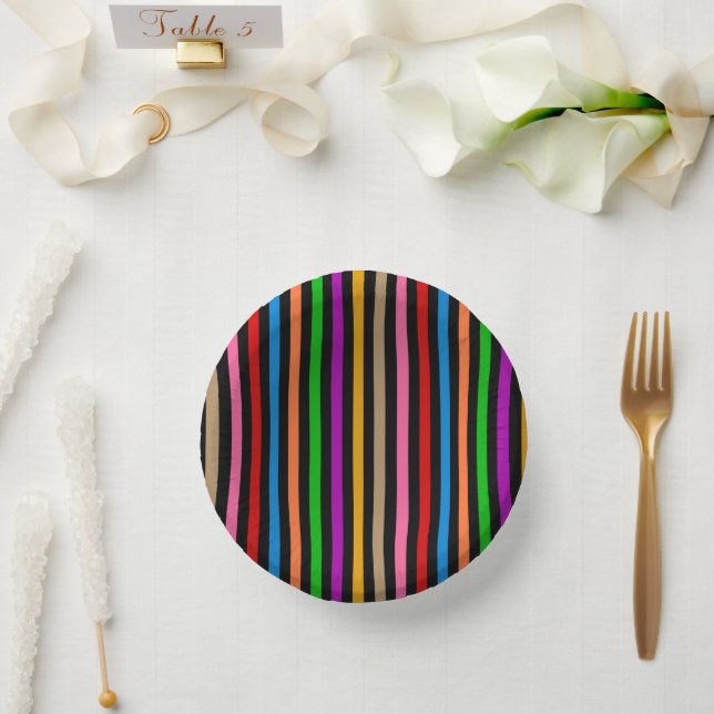 Colourful Rainbow Stripes Lines Design - Black  Paper Plate (Wedding)