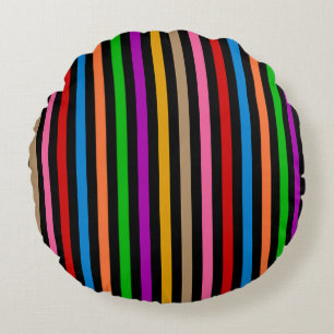 Colourful Rainbow Stripes Lines Design - Black Round Cushion