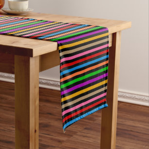 Colourful Rainbow Stripes Lines Design - Black Short Table Runner