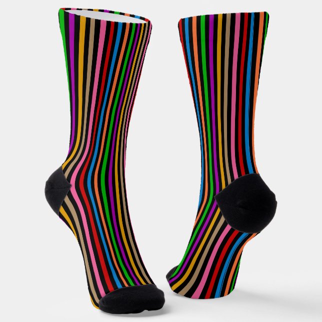 Colourful Rainbow Stripes Lines Design - Black  Socks (Angled)
