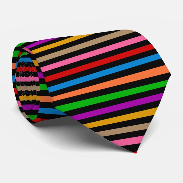 Colourful Rainbow Stripes Lines Design - Black  Tie (Rolled)
