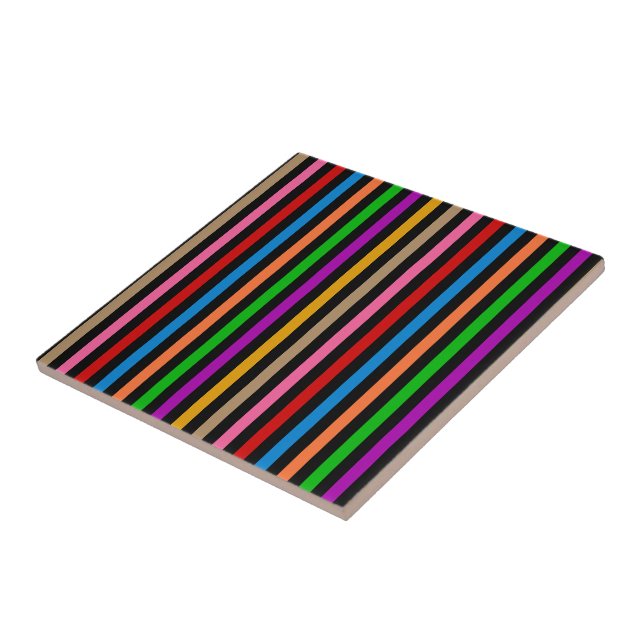 Colourful Rainbow Stripes Lines Design - Black  Tile (Side)
