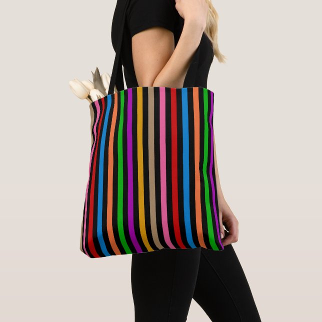 Colourful Rainbow Stripes Lines Design - Black  Tote Bag (Close Up)