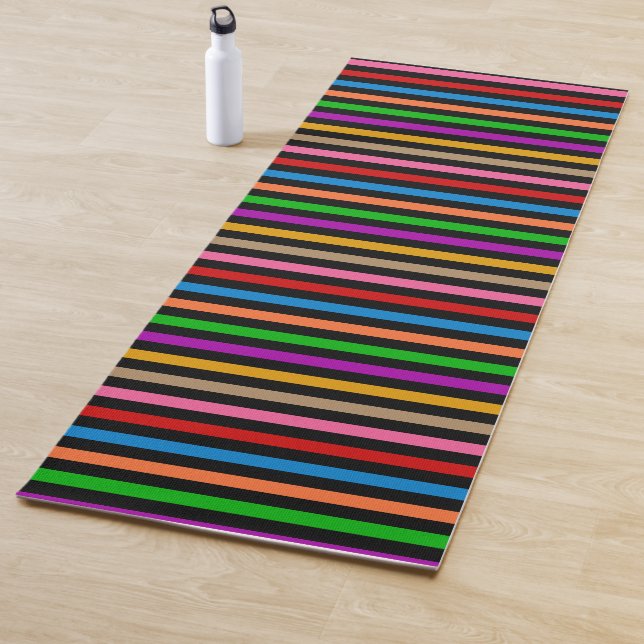 Colourful Rainbow Stripes Lines Design - Black  Yoga Mat (In Situ)