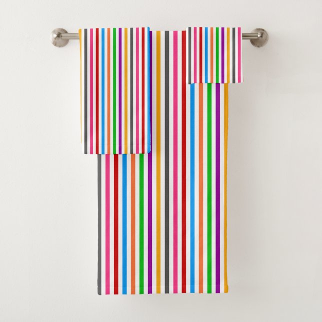Colourful Rainbow Stripes Lines Design - White  Bath Towel Set (Insitu)