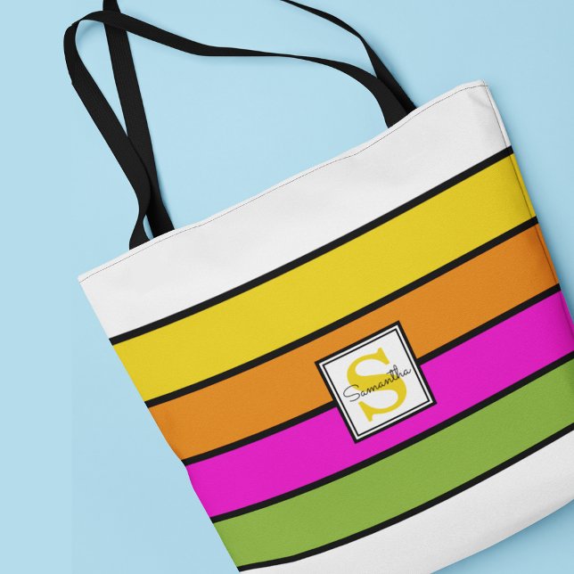 Colourful Rainbow Stripes Monogram Tote Bag (Creator Uploaded)