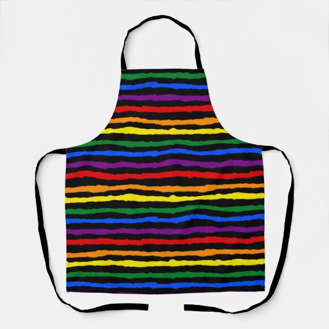 Colourful Rainbow Stripes on Custom Black Apron (Front)