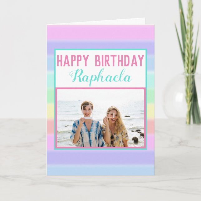 Colourful Rainbow Stripes Photo Happy Birthday Card (Front)