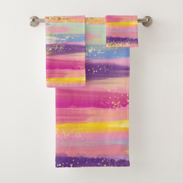 Colourful Rainbow Stripes with Faux Gold Glitter Bath Towel Set (Insitu)