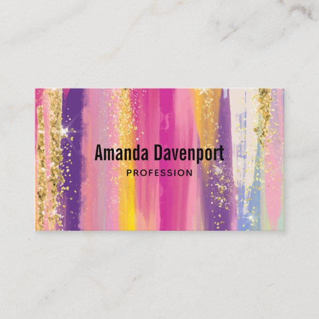 Colourful Rainbow Stripes with Faux Gold Glitter Business Card (Front)