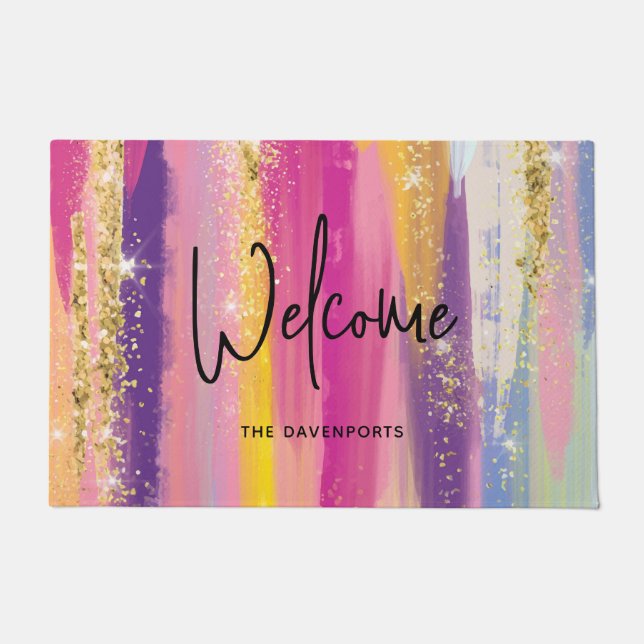 Colourful Rainbow Stripes with Faux Gold Glitter Doormat (Front)