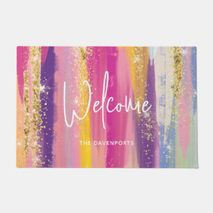 Colourful Rainbow Stripes with Faux Gold Glitter Doormat