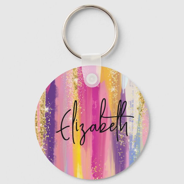Colourful Rainbow Stripes with Faux Gold Glitter Key Ring (Front)