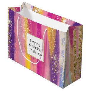 Colourful Rainbow Stripes with Faux Gold Glitter Large Gift Bag