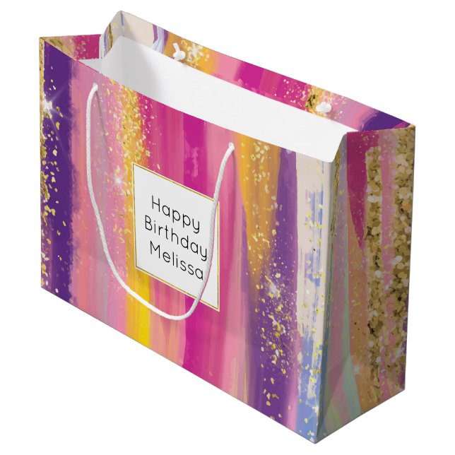 Colourful Rainbow Stripes with Faux Gold Glitter Large Gift Bag (Front Angled)