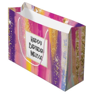 Colourful Rainbow Stripes with Faux Gold Glitter Large Gift Bag