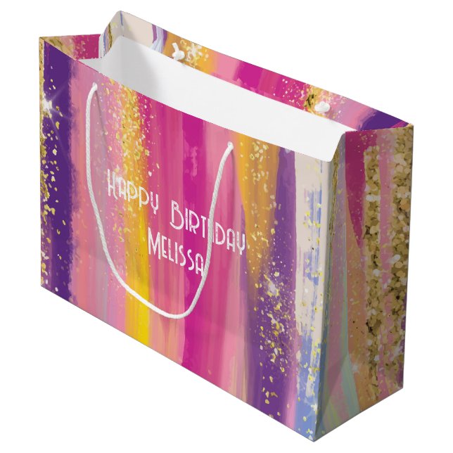 Colourful Rainbow Stripes with Faux Gold Glitter Large Gift Bag (Front Angled)