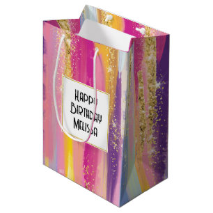 Colourful Rainbow Stripes with Faux Gold Glitter Medium Gift Bag