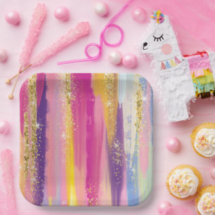 Colourful Rainbow Stripes with Faux Gold Glitter Paper Plate